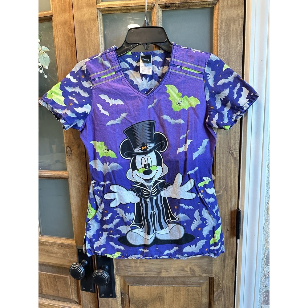 Disney Scrub Top‎ Women XXS Purple Halloween Vampire Mickey Mouse Bats Medical
